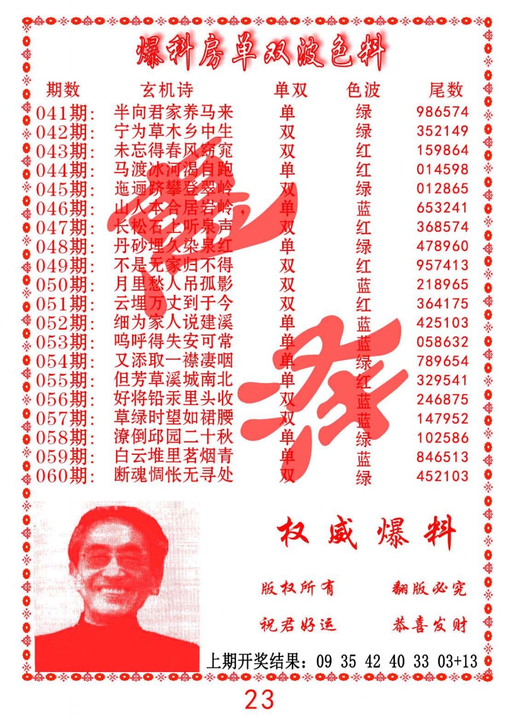 044期爆料房单双波色料[图]