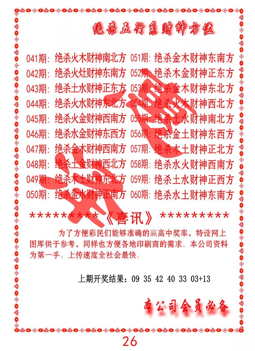 044期绝杀五行及财神方位[图]